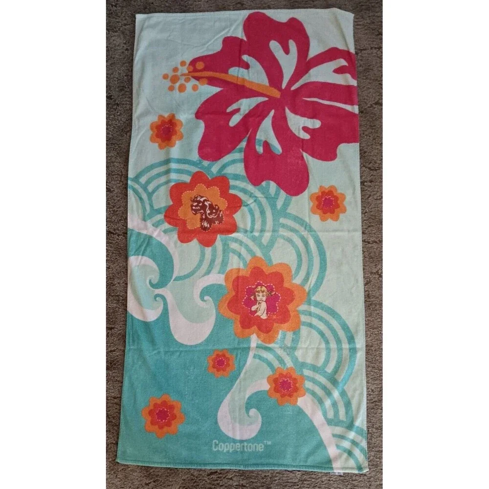 Coppertone Sunscreen Sun Tan Lotion Beach Towel Floral Hawaiian Look Hibiscus